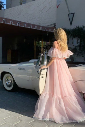Elegant Off-the-Shoulder Organza Prom Dress Pink A-Line Formal Gown,OLP1785