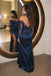 Elegant Navy Blue Off Shoulder Lace Long-Sleeve High Slit Prom Dress ,OLP2397