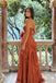 Stunning Burnt Orange Strapless Ruched Long Prom Dress Featuring Cascading Ruffle Slit,OLP2344