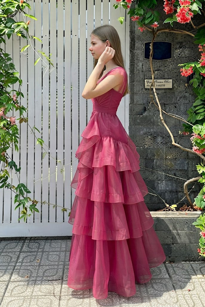Stunning V-Neck Cap Sleeve Tiered Organza Long Evening Gown Pleated Prom Dress,OLP2345