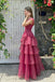 Stunning V-Neck Cap Sleeve Tiered Organza Long Evening Gown Pleated Prom Dress,OLP2345