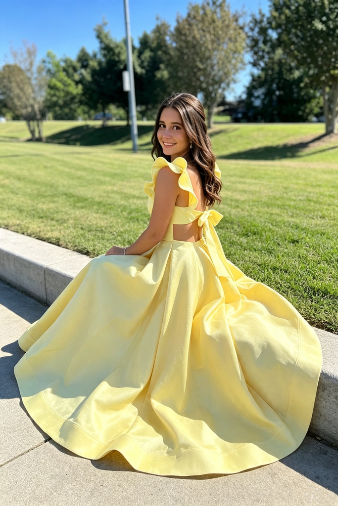 Pretty Yellow Square Neck Ruffle Sleeves Long Prom Dress,Evening Party Dress,OLP2359