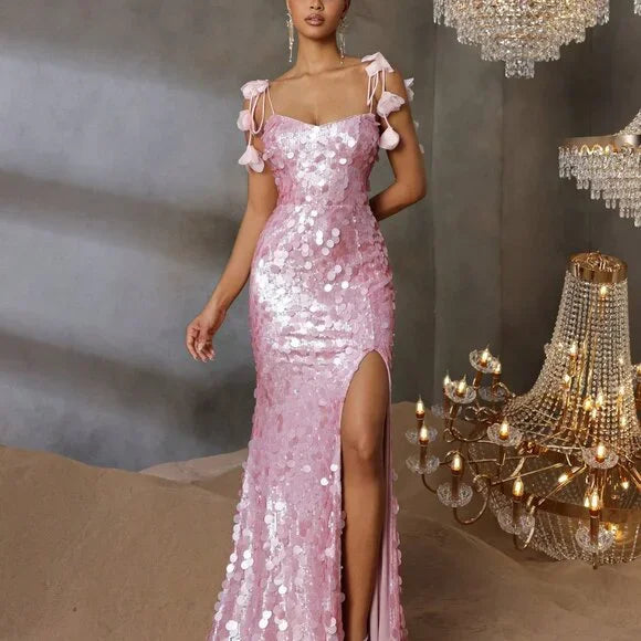 Sparkly Pink Spaghetti Strap Mermaid Long Prom Dress Ideas, Evening Party Dresses, OLP1545
