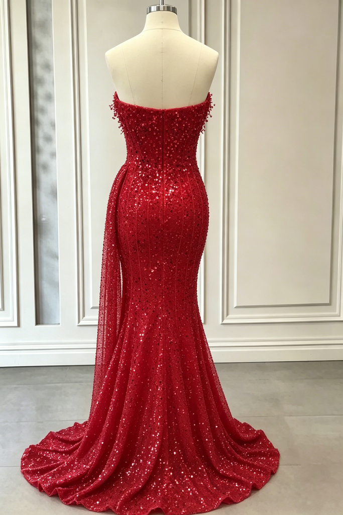 Sexy Red Sequin Mermaid Prom Dress Strapless High Slit Floor Length Evening Gown,OLP2277