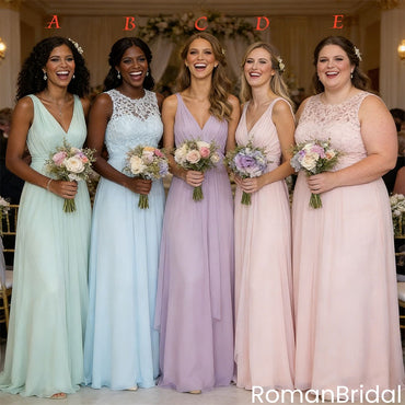 Elegant V-Neck Chiffon Bridesmaid Dresses Long A-Line Pleated Party Gowns,BG949