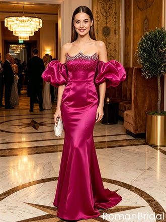 Modern Hot Pink Beaded Off-the-Shoulder Satin Mermaid Prom Dress,OLP2266