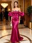 Modern Hot Pink Beaded Off-the-Shoulder Satin Mermaid Prom Dress,OLP2266