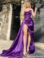 Sexy Purple Satin Prom Gown Strapless Cowl Neck High Slit Ruched Formal Dress,OLP2184