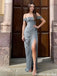Elegant Grey Off-Shoulder Pleated Satin Long Prom Dress with Slit,OLP2180