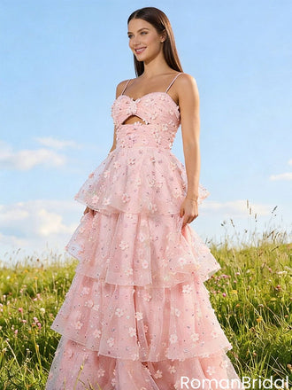 Pink Floral Tulle Prom Dress Tiered A-Line Cutout Bodice 3D Flower Gown,OLP2165
