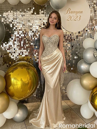 Stunning Champagne Mermaid Prom Dress Crystal Corset Draped Satin Skirt,OLP2281