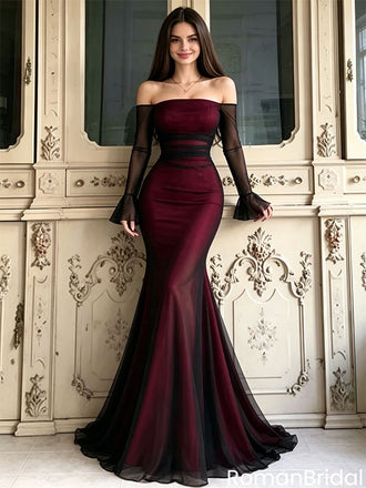 Modern Elegant Burgundy Mermaid Prom Dress Off-Shoulder Long Sleeve Formal Gown,OLP2275
