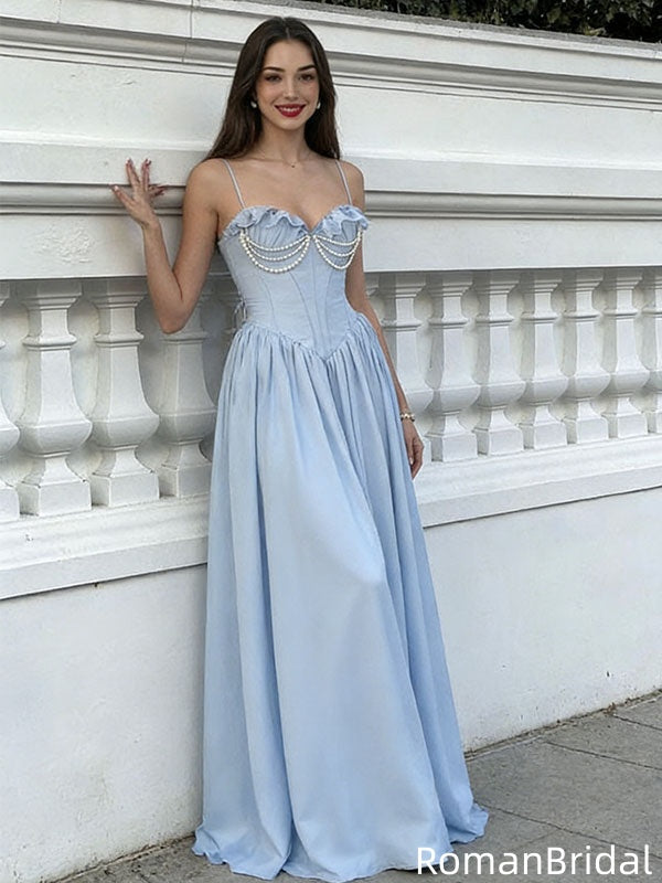 Elegant Light Blue Corset Prom Dress with Pearl Bust Plus Elegant Ruffle Straps,OLP2033
