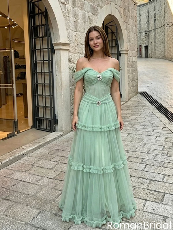 Modern Mint Green Off-Shoulder Tulle Gown Beautiful Ruffled Layered Prom Dress,OLP2324