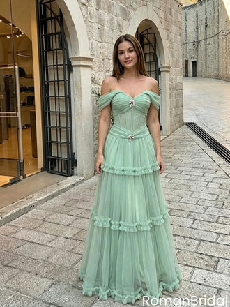 Modern Mint Green Off-Shoulder Tulle Gown Beautiful Ruffled Layered Prom Dress,OLP2324
