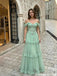 Modern Mint Green Off-Shoulder Tulle Gown Beautiful Ruffled Layered Prom Dress,OLP2324