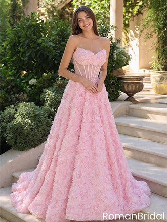 Pink 3D Floral Rose Sweetheart Corset A Line Long Prom Dress Ball Gown Unique,OLP2241