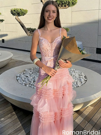 Pretty Pink Tiered Ruffle Tulle Prom Dress Lace Bodice Sleeveless Maxi Gown,OLP2145