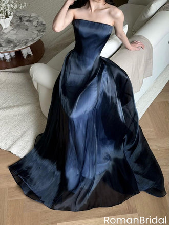 Modern Navy Strapless A-Line Evening Gown Classy Satin Floor Length Prom Dress,OLP2312