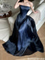 Modern Navy Strapless A-Line Evening Gown Classy Satin Floor Length Prom Dress,OLP2312