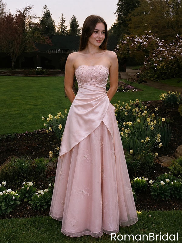 Fancy Pink Tulle Evening Gown Sweetheart Strapless Long Prom Dress Beaded,OLP2354