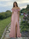 Unique Off Shoulder Pink Prom Dress Ruffle Neckline Chiffon A Line High Slit Gown,OLP2054