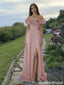 Unique Off Shoulder Pink Prom Dress Ruffle Neckline Chiffon A Line High Slit Gown,OLP2054