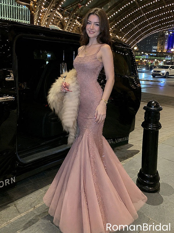 Stunning Pink Beaded Mermaid Prom Dress Modern Scoop Neck Floor Length Gown,OLP2285