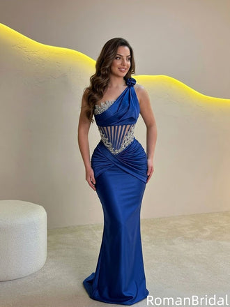 Modern Royal Blue Satin Mermaid Gown Unique Corset Bodice Prom Dress,OLP2332