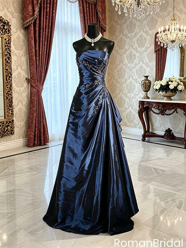 Unique Navy Blue Strapless Beaded Taffeta Mermaid Prom Dress for Fancy Events,OLP2226