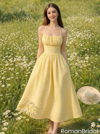 Yellow Halter A-Line Prom Dress Ruched Bodice Sun-Kissed Garden Gown,OLP2123