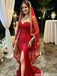 Sexy Red Sequin Mermaid Prom Dress Strapless High Slit Floor Length Evening Gown,OLP2277