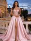 Sexy Off-Shoulder Pink Satin Prom Gown Beaded Corset High Slit,OLP2101