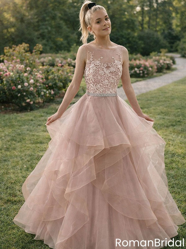 Classy Blush Pink Tulle Ball Gown Prom Dress with Floral Lace,OLP1864