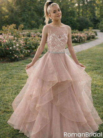 Classy Blush Pink Tulle Ball Gown Prom Dress with Floral Lace,OLP1864
