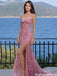 Sparkly Sequin Pink Mermaid Prom Dress Spaghetti Strap Lace Applique High Slit,OLP1962