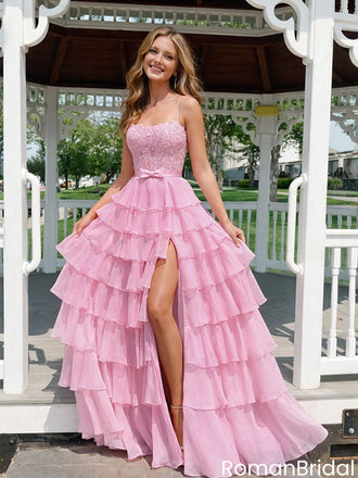 Elegant A-line Ruffled Chiffon High Split Pink Formal Evening Dress,OLP2161