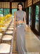 Modern Silver Gray Chic Two-Piece Gray Jersey Prom Dress With Sparkly Sequin Waist Cutout,OLP2378