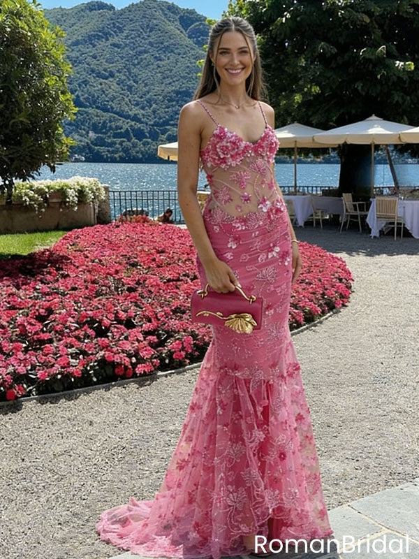 Sexy Pink Floral Lace Mermaid Prom Dress Sheer Bodice Sleeveless Formal Gown,OLP2045