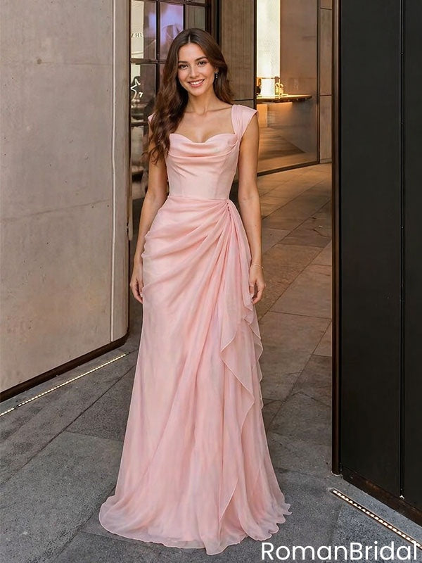 Elegant Pink Cowl Neck Ruffle Prom Dress A-Line Evening Gown,OLP2220
