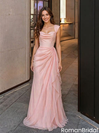 Elegant Pink Cowl Neck Ruffle Prom Dress A-Line Evening Gown,OLP2220