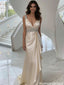 Elegant Champagne Satin Prom Dress V-Neck Sleeveless Ruched Mermaid Gown,OLP2089