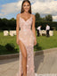 Sexy Pink 3D Floral Lace Prom Dress High Slit Sheer Tulle Evening Gown,OLP2080