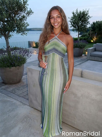 Modern Halter Neck Stripe Knit Prom Dress Classy Bodycon Sleeveless Evening Gown,OLP2331