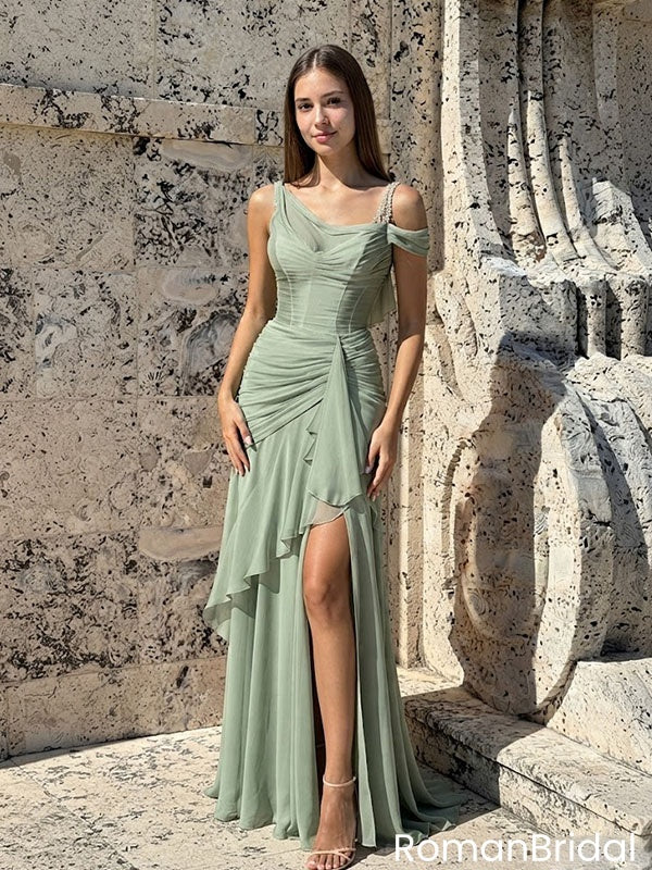 Sexy Sage Green One-Shoulder Slit Chiffon Modern Prom Dress,OLP2346