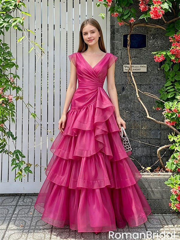 Stunning V-Neck Cap Sleeve Tiered Organza Long Evening Gown Pleated Prom Dress,OLP2345