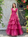 Stunning V-Neck Cap Sleeve Tiered Organza Long Evening Gown Pleated Prom Dress,OLP2345