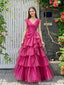 Stunning V-Neck Cap Sleeve Tiered Organza Long Evening Gown Pleated Prom Dress,OLP2345