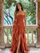 Stunning Burnt Orange Strapless Ruched Long Prom Dress Featuring Cascading Ruffle Slit,OLP2344