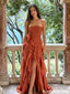 Stunning Burnt Orange Strapless Ruched Long Prom Dress Featuring Cascading Ruffle Slit,OLP2344